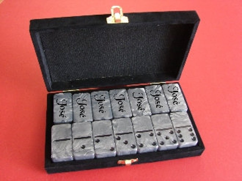 BLACK SPOT WITH SPINNERS PERSONALIZED ENGRAVED WHITE DOUBLE 6 DOMINOS