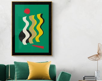 Abstracte kunst aan de muur, kleurenkunstprint, uniek Scandinavisch design, kwaliteitsposter, groen, rood, geel