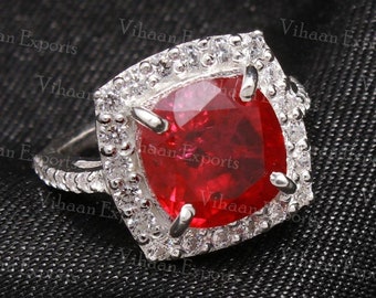 ruby ring 925 sterling silver ring 10 mm cushion cut natural red ruby gemstone ring wedding anniversary July birthstone ring promise ring