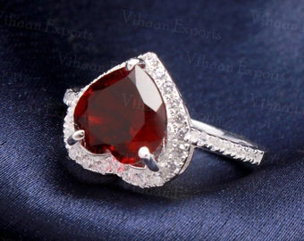 garnet ring , 925 sterling silver 10 mm heart cut natural garnet gemstone ring , red heart love ring for her , january birthstone ring