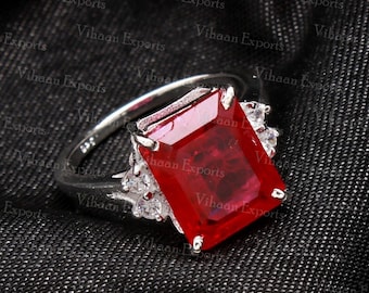 ruby ring 925 sterling silver 10*12mm emerald cut natural red ruby gemstone ring prong setting solitaire wedding anniversary promise ring