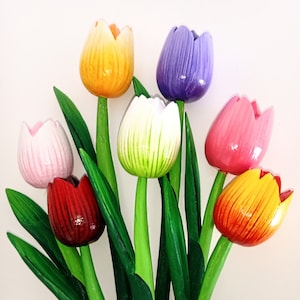7x Wood tulips Handmade floral Spring flowers bouquet Holland tulip Wooden tulips Dutch Mother's day gift Wedding Birthday fowers decor