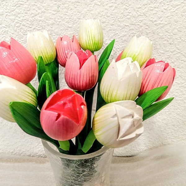 Beautiful Wood tulips white pink floral Spring flowers bouquet Holland tulip Wooden tulips Dutch gift Mom friend Mother Women Mother's day
