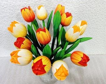 Hermosos tulipanes de madera amarillo naranja floral flores de primavera ramo Holanda tulipán Tulipanes de madera Regalo holandés para mamá amiga Madre Mujeres Pascua