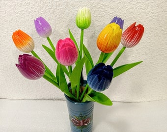 Vase with 9x Wood tulips wood floral Spring flowers Cottagecore decor Holland tulip Wooden tulips Mother's day gift Mom Birthday Wedding