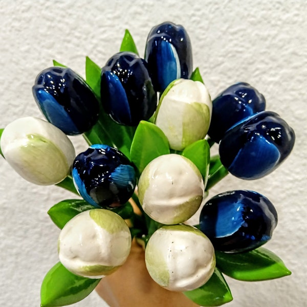 Wooden tulips bouquet blue white wood tulip floral Spring flowers Cottagecore decor Holland tulips Mom Mother's day gift Easter decors Vase