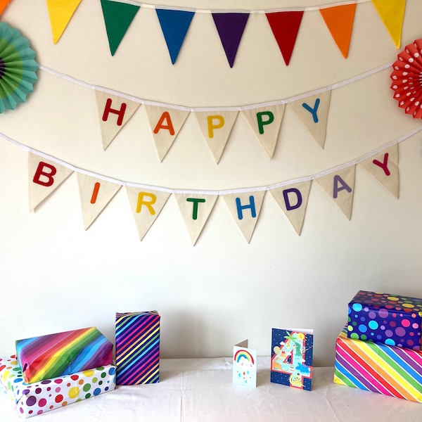Happy Birthday bunting, Natural cotton re-useable rainbow party banner decoration