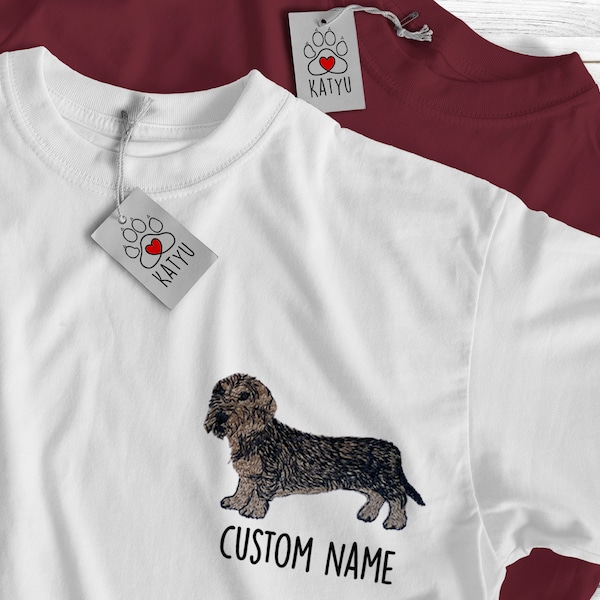 Teckel brodé à poil dur, T-shirt brodé pour chien personnalisé, Chemise de maman de chien, cadeau personnalisé, homme, femme, tailles pour enfants