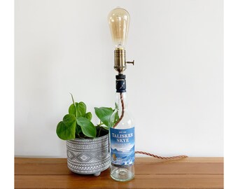 Whisky Bottle Lamp - Glass Bottle Lamp - Industrial Table Lamp - UK Plug - Whiskey Lovers Gift - Upcycled Light Decor - Glass Art