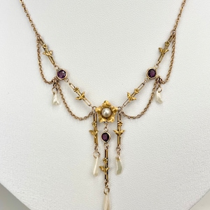 Antique Late Victorian/ Early Edwardian 10k Gold Amethyst Paste and Pearl Festoon Necklace