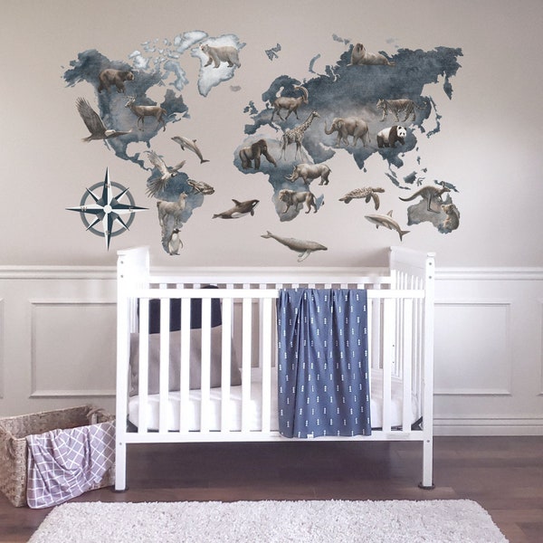 World Map With Animals Decal Etsy