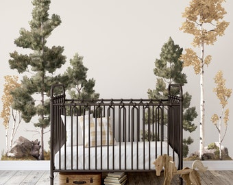 Peel and stick, woodland pines, aspen trees, and boulders. Forest wall decal for a boy nursery, playroom, or bedroom.  Explore the Grit set!