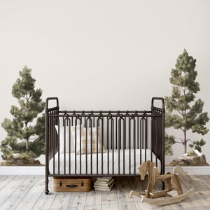 Forest / woodland pine trees, aspen trees, and boulders, peel and stick wall decals for a boy nursery or bedroom.  Explore the Grit set!