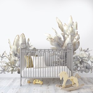 Peel and stick tropical plant wall decals with banana leaves, in neutral colors.  Explore the Impact set with dinosaurs!