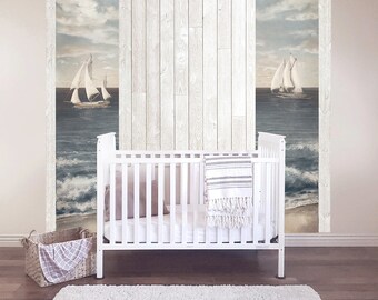 Nautical sail boat wall decal panels, for a baby boy nursery.  Explore the set!