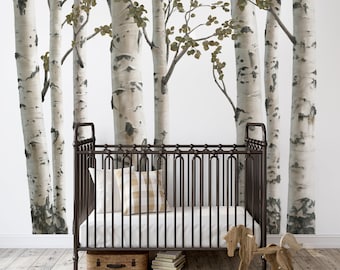 Peel and stick aspen trees, woodland, or forest, wall decals for a boy nursery or bedroom.  Explore the Scout set!