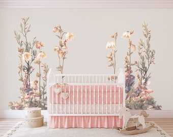 Peel and stick garden floral wall decal with magical fairies.  Better than a wallpaper.  Explore the BELIEVE set!