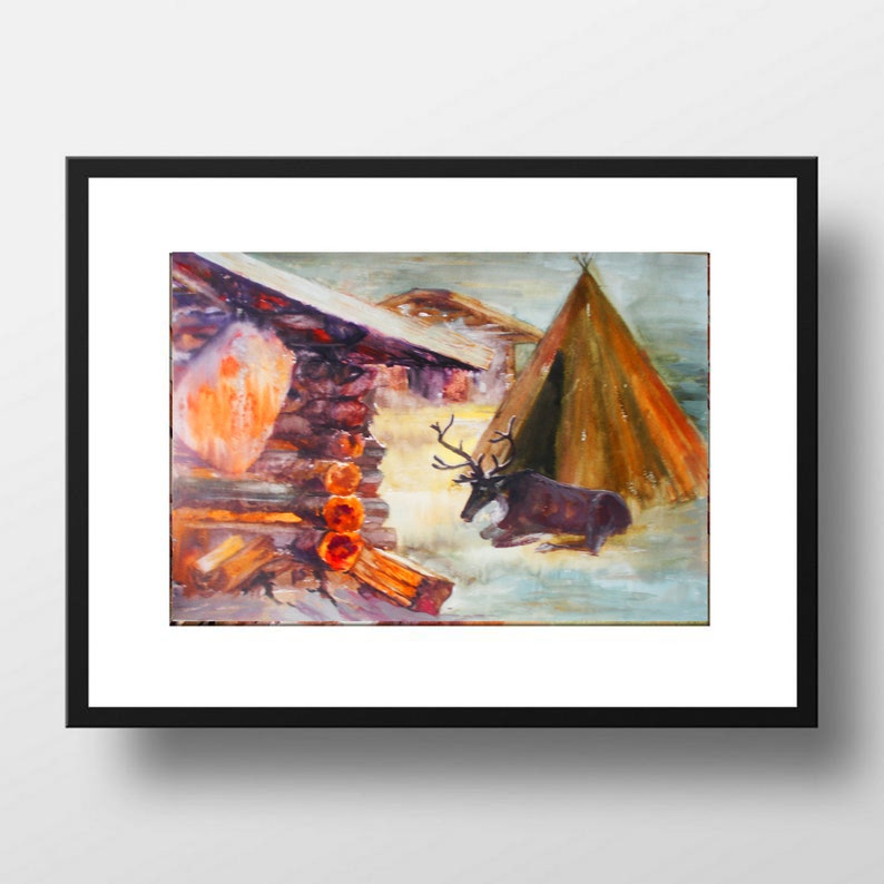 Inuit House Painting Original Art Caribou Watercolor Artwork Alaska Painting Canada Art 12 by 16 inches