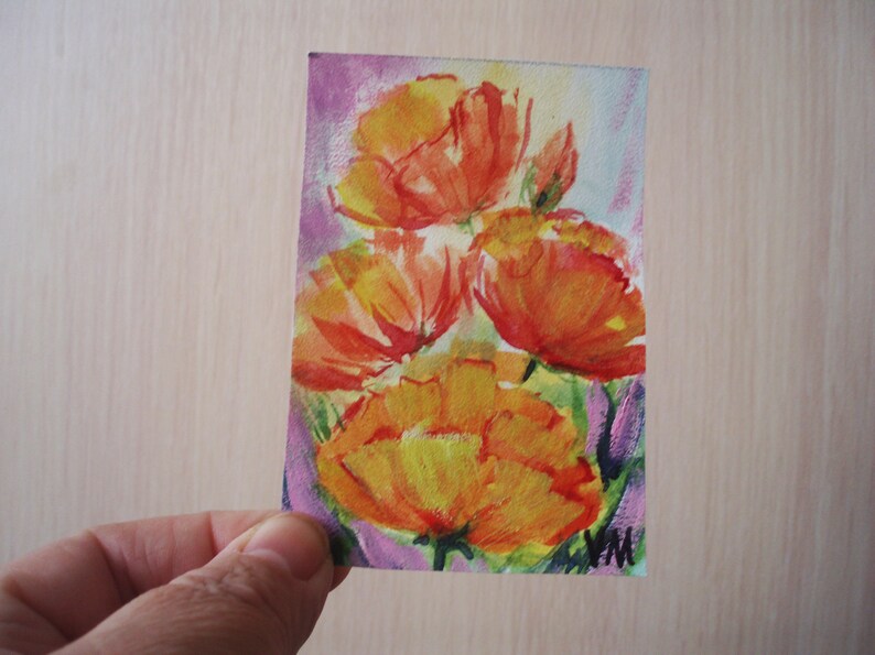 ACEO California Poppy Painting Golden Poppy Original Art Yellow Poppy Watercolor Miniature Small Painting 2.5 by 3.5 inches