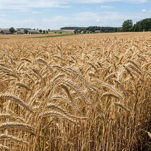 May include: A vast field of golden wheat stalks ready for harvest under a bright blue sky with scattered white clouds. The dense crop fills the foreground, showing textured grain heads and tall stems stretching toward a distant rural horizon.