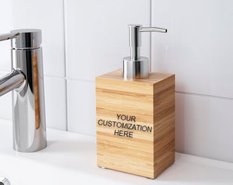 Personalized Bamboo Soap Dispenser for Minimalist Bathroom With Your Logo or Text Engraved on Wood