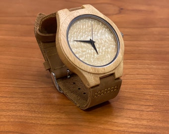 Customized wooden bamboo light watch. Unique personalized gift with leather belt. Wooden unisex watch for special occasion. FREE SHIPPING