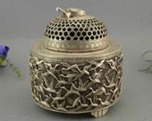 China Folk White Copper Silver Turtle Bird Incense Burner Censer Bronze Statue