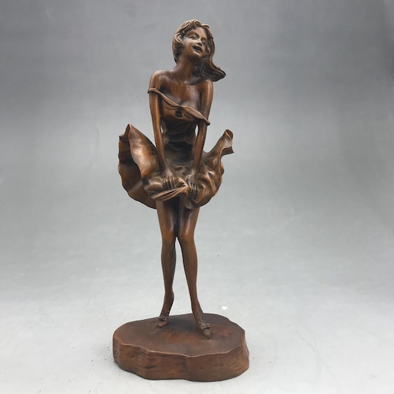 7/" Chinese old antique Boxwood wood carved Beauty statue Sculpture