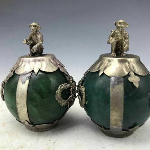 Exquisite Chinese Hand-carved Tibetan Silver Copper Shopkeeper Statues RT