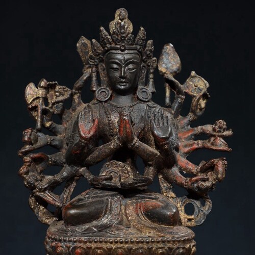 Asian antiques pure hand-carved Tibetan Tantric pure copper Gilt Cinnabar [Thousand-handed shops Avalokitesvara] Buddhist Buddha Statue.91