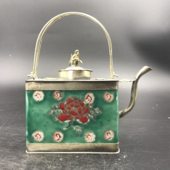 Exquisite Old Chinese ceramics Tibetan silver copper hand-made wine Tea Pot