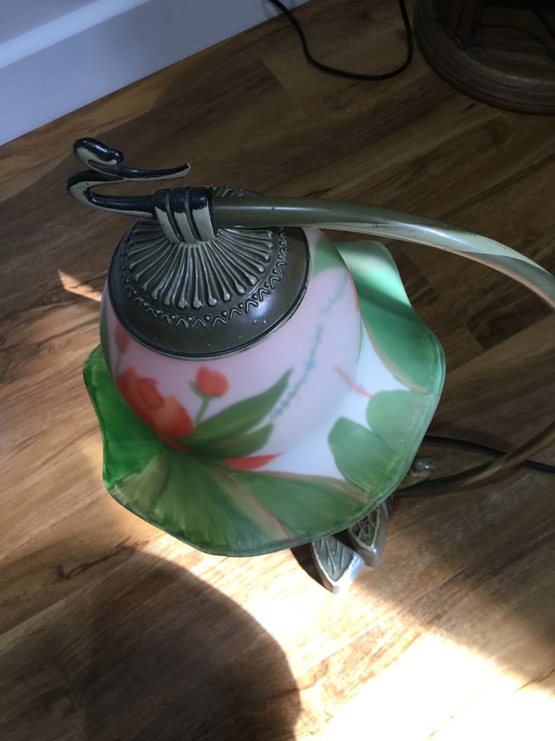 Vintage lamp with Tulip hand painted Glass Shade & Dragonfly Etsy