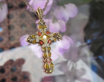 Stained Glass 012 Ornate Cross Pendant Antique Gold