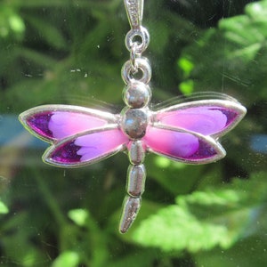 Dragonfly Pendant: Purple Resin Wings, Stainless Steel Chain