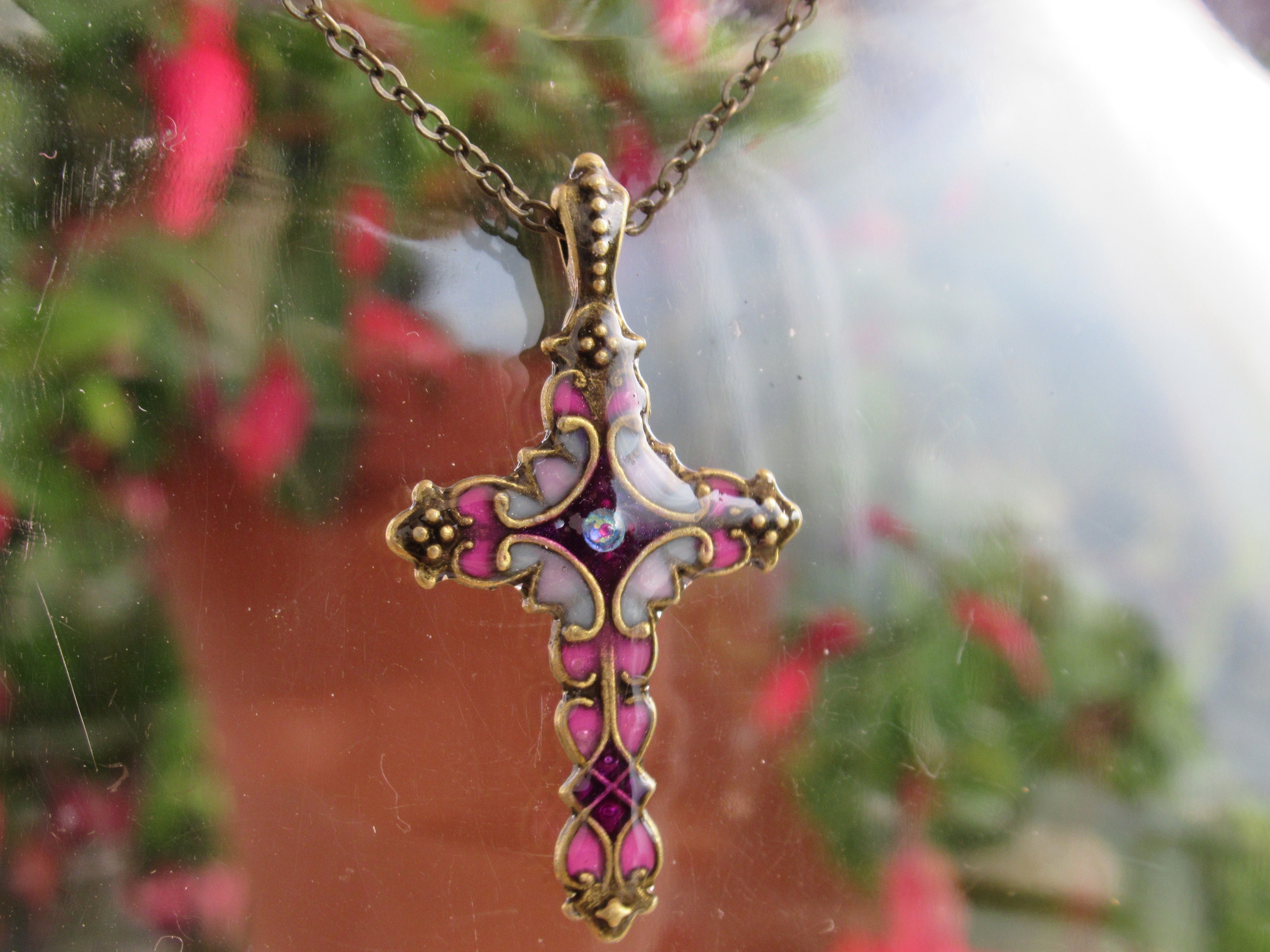 020 Stained Glass Ornate Cross Pendant Antique Gold