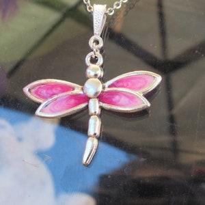 Dragonfly Necklace: Pink Resin Wings, Stainless Steel Chain