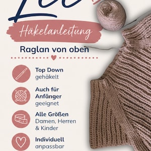 Könnte beinhalten: Ein gestrickter brauner Pullover mit dem Text "Pullover" und "Häkelanleitung". Das Bild enthält auch einen Wollknäuel und Text mit der Aufschrift "Top Down", "Auch für Anfänger geeignet" und "Modern. Klar. Dein Häkelprojekt."