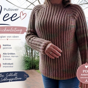 Könnte beinhalten: Ein gerippter Strickpullover in Braun-, Rosa- und Grüntönen. Der Pullover hat einen Rundhalsausschnitt und lange Ärmel. Das Bild enthält auch deutschen Text, darunter "Pullover Jee" und "Strickanleitung".