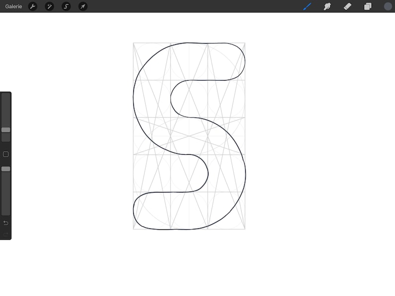 May include: A black and white illustration of the letter 'S' drawn on a grid.