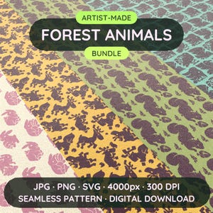 Könnte beinhalten: Eine digitale Grafik mit drei diagonalen Streifen aus nahtlosen Mustern mit dunkelbraunen Silhouetten von Waldtieren auf hellrosa, gelben und grünen Hintergründen. Der Text lautet: ARTIST-MADE FOREST ANIMALS BUNDLE, JPG, PNG, SVG, 4000px, 300 DPI, SEAMLESS PATTERN, DIGITAL DOWNLOAD.