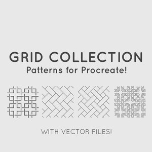 Puede incluir: Una descarga digital de cuatro patrones de cuadrícula geométrica para usar en la aplicación Procreate. Los patrones son en blanco y negro y presentan diferentes formas geométricas. El texto "GRID COLLECTION" y "Patterns for Procreate!" se muestra arriba de los patrones. El texto "WITH VECTOR FILES!" se muestra debajo de los patrones.