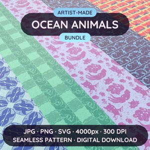 Könnte beinhalten: Ein digitales Bündel nahtloser Muster mit Meerestieren in verschiedenen Farben wie Hellblau, Mintgrün, Lavendel und Gelb. Das Bild zeigt den Text ARTIST-MADE OCEAN ANIMALS BUNDLE sowie JPG PNG SVG 4000px 300 DPI.