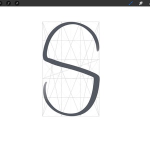 May include: A gray handwritten letter 'S' drawn on a white background with a grid overlay.