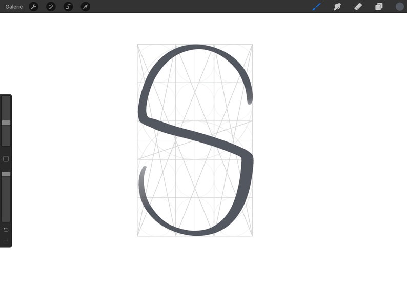 May include: A gray handwritten letter 'S' drawn on a white background with a grid overlay.