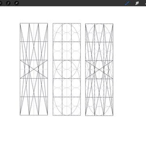 May include: Three black and white geometric designs. The first design is a grid with diagonal lines. The second design is a grid with circles. The third design is a grid with diagonal lines.