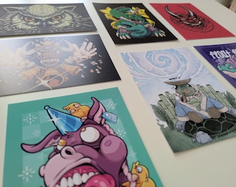 Artist Postcard Set – Cartoon & Fantasy Illustration Postcards – Cute Animal Art – Tattoo Style Art Prints – Set of 7 Postcards