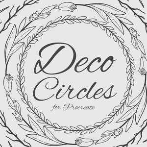 Könnte beinhalten: Schwarz-weiß-Illustration eines Kranzes aus Blättern und Zweigen mit dem Text "Deco Circles for Procreate" in der Mitte.