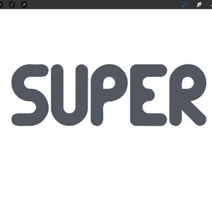 May include: A graphic design featuring the word "SUPER" in a bold, rounded font. The letters are a dark gray color against a white background.