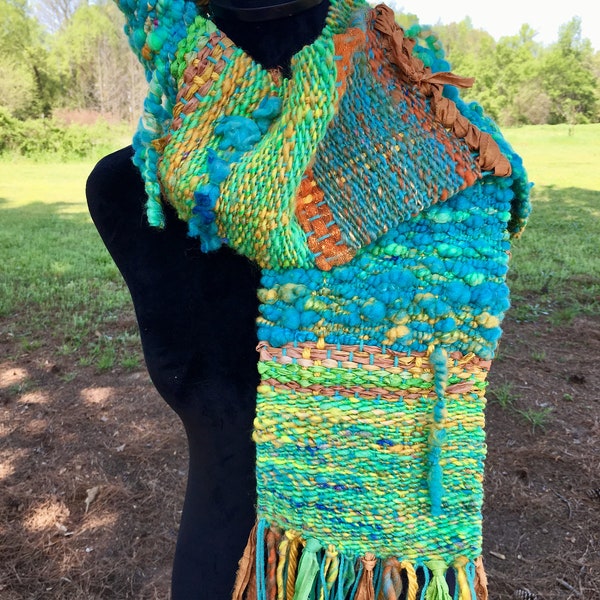 Handwoven Handspun Wool Scarf - Ocean Breeze