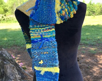 Handwoven handspun wool scarf - Blue Star